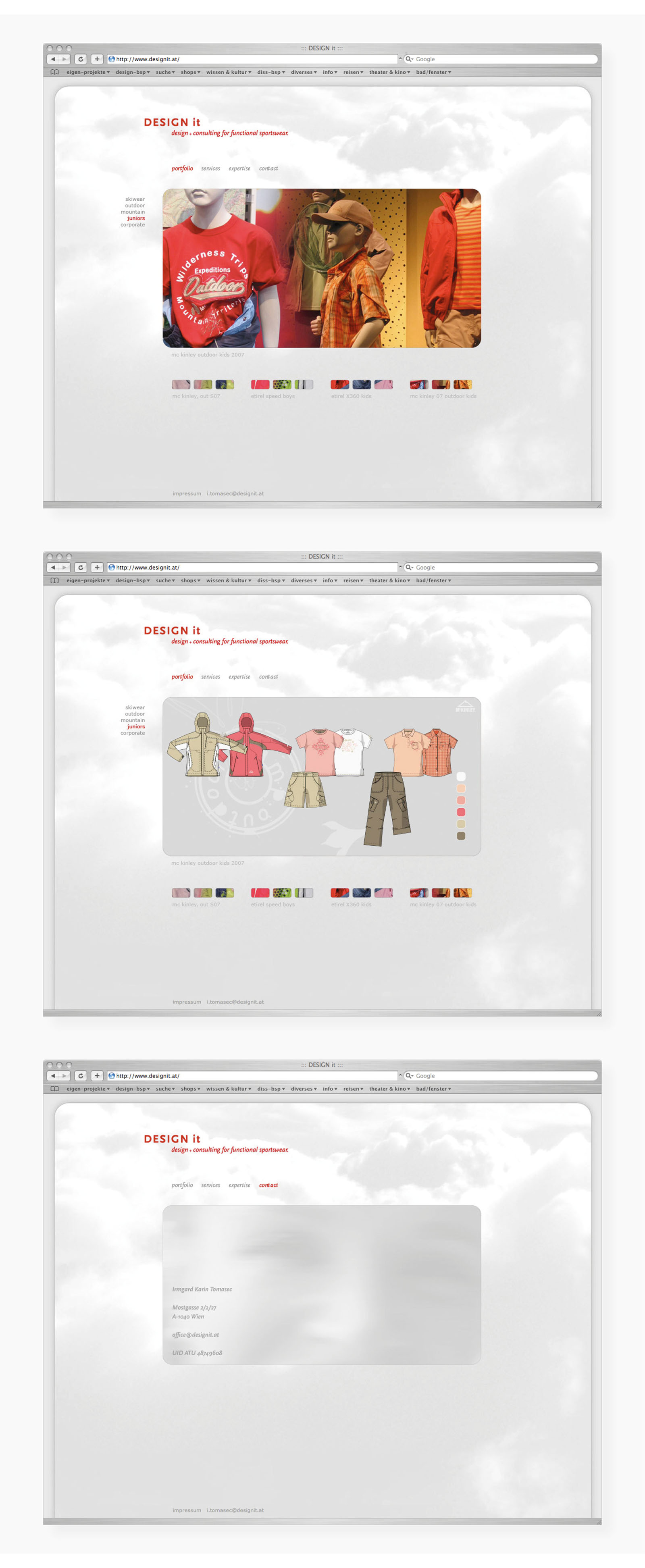 Auswahl von Screens der Website (Oben: Technical Services, Mitte: Mountain, Unten: Accessories)