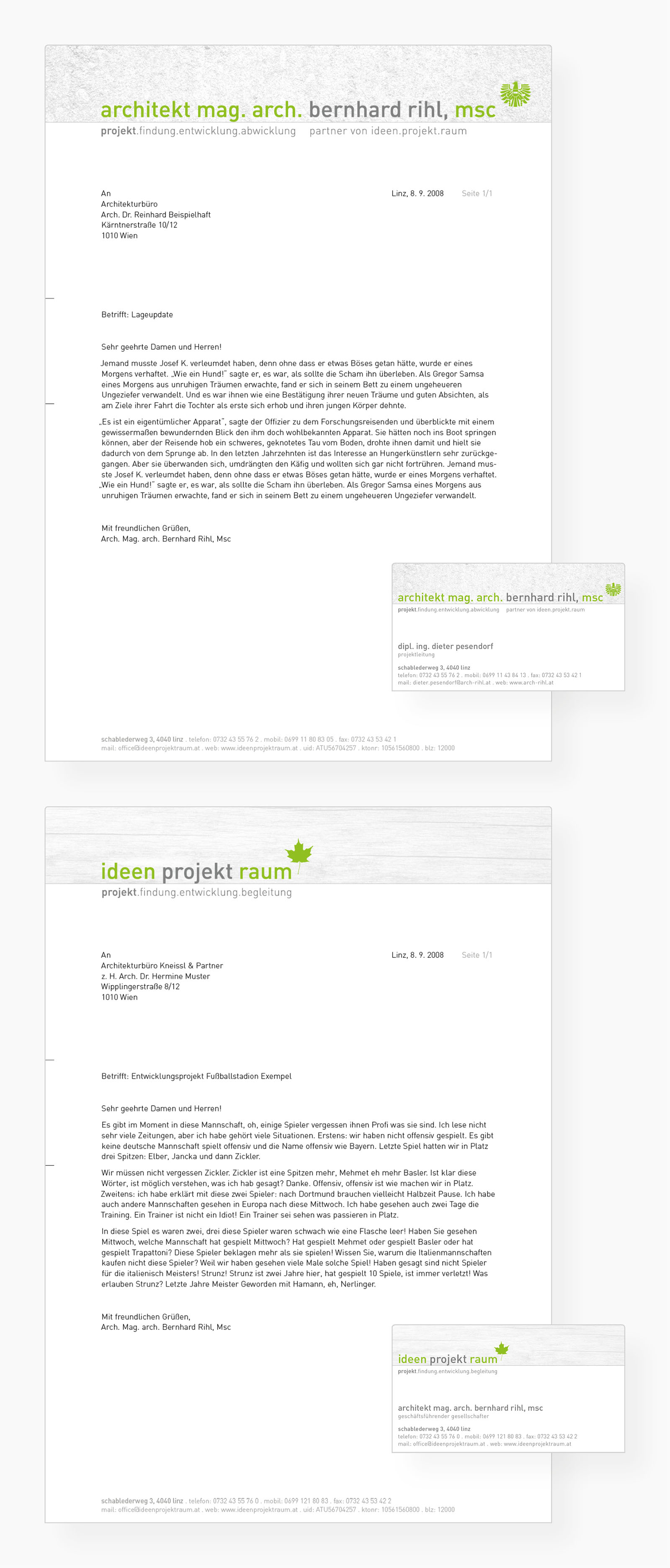 Geschäftdrucksorten von Architekt Bernhard Rihl und Ideen Projekt Raum