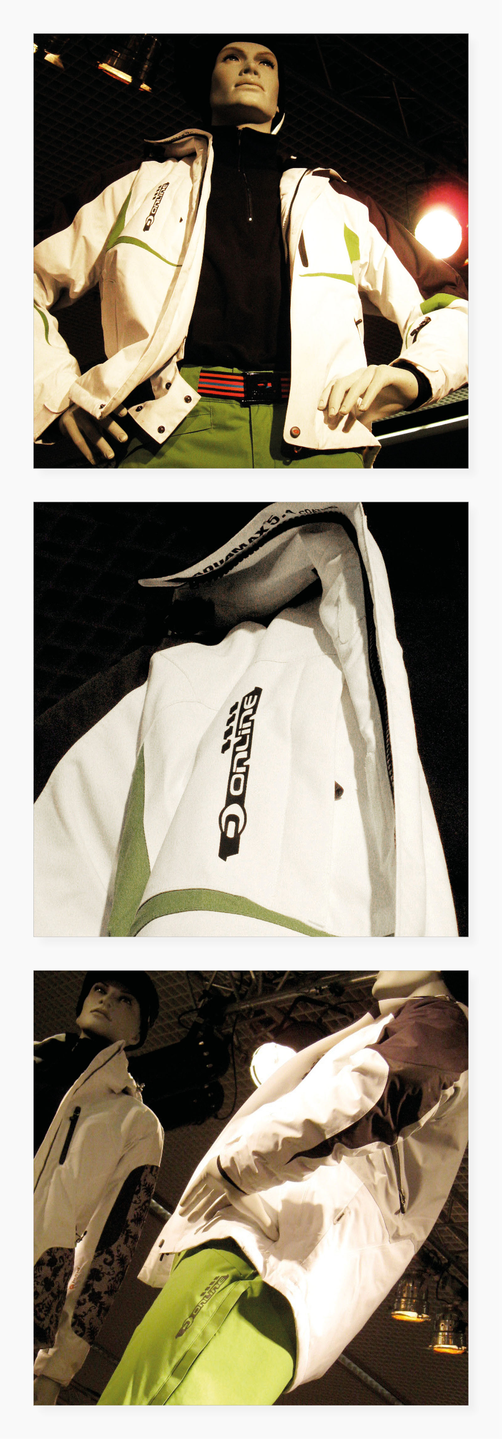 Graphikelemente und Accessoires der Produktmarke "Online" (oben: Graphik-Element auf Sport-Jacke, Mitte: Detail, unten: Graphik-Element auf Hose)