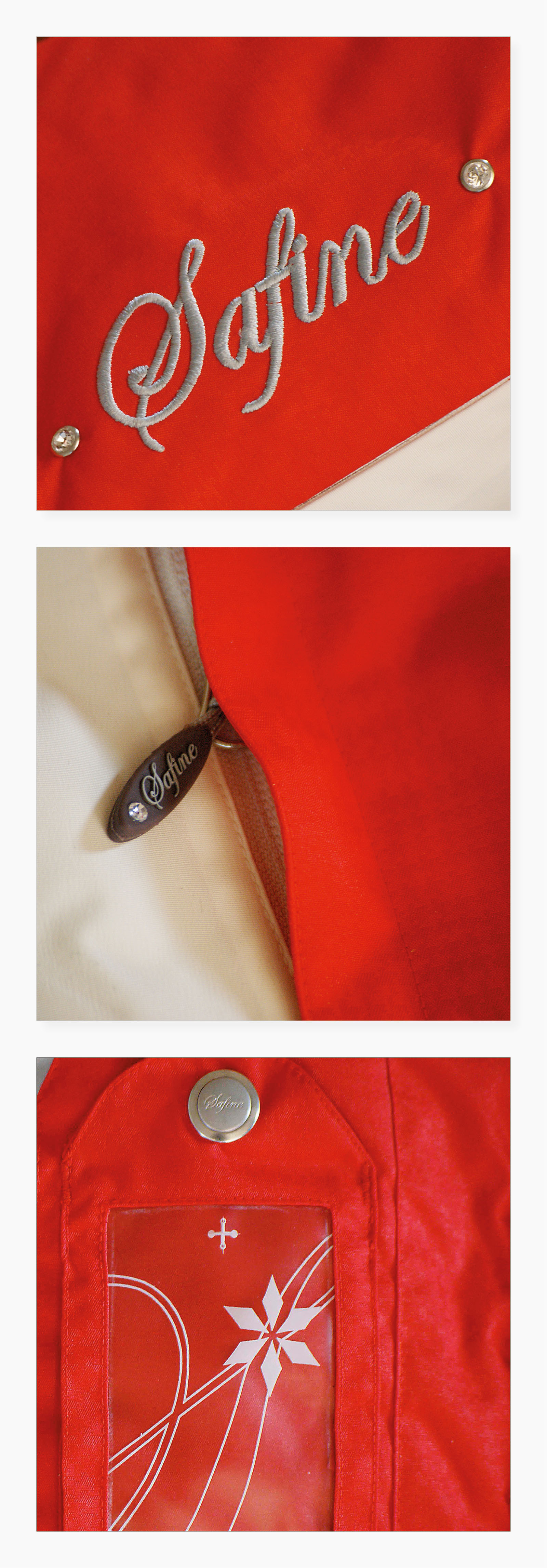 Graphikelemente und Accessoires der Produktmarke "Safine" (oben: aufgesticktes Element mit Logo und Strass-Steinchen, Mitte: Zipverschlusselement, unten: Smartphonetasche mit Graphik-Element)